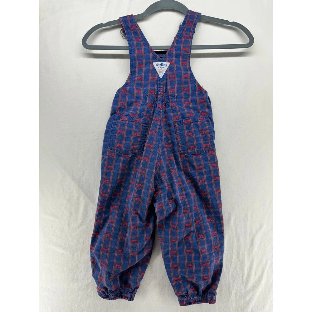 Vintage OshKosh Bgosh Kids 3T‎ Blue Plaid Red Tractor Vestbak Overalls Made USA